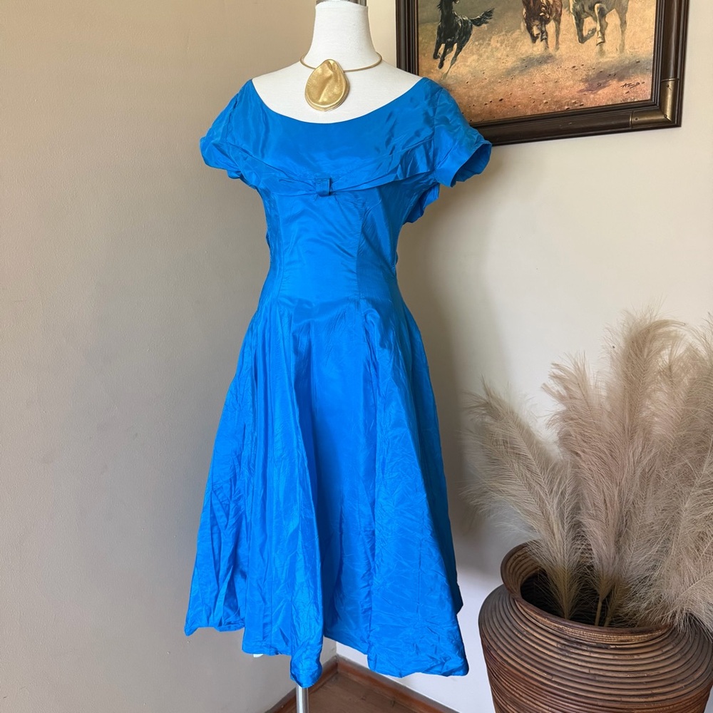 Vintage Bright Blue Off-Shoulder Midi Dress